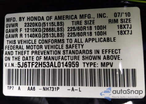 2010 Honda Accord Crosstour Ex-L from USA, damaged, VIN 5J6TF2H53AL014959